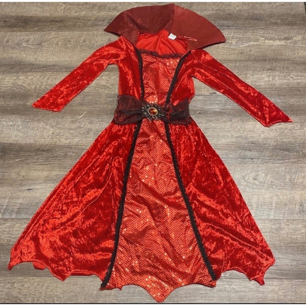 Red Sequin Velvet Vampire Queen Halloween Costume Kids Medium Gothic Dress Up